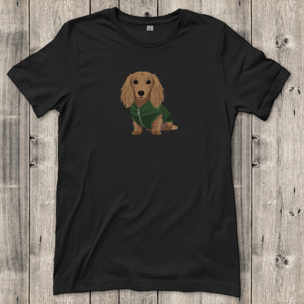 Dackel Fashion Ambassador T-Shirt mit Langhaar Dackel in Daunenweste