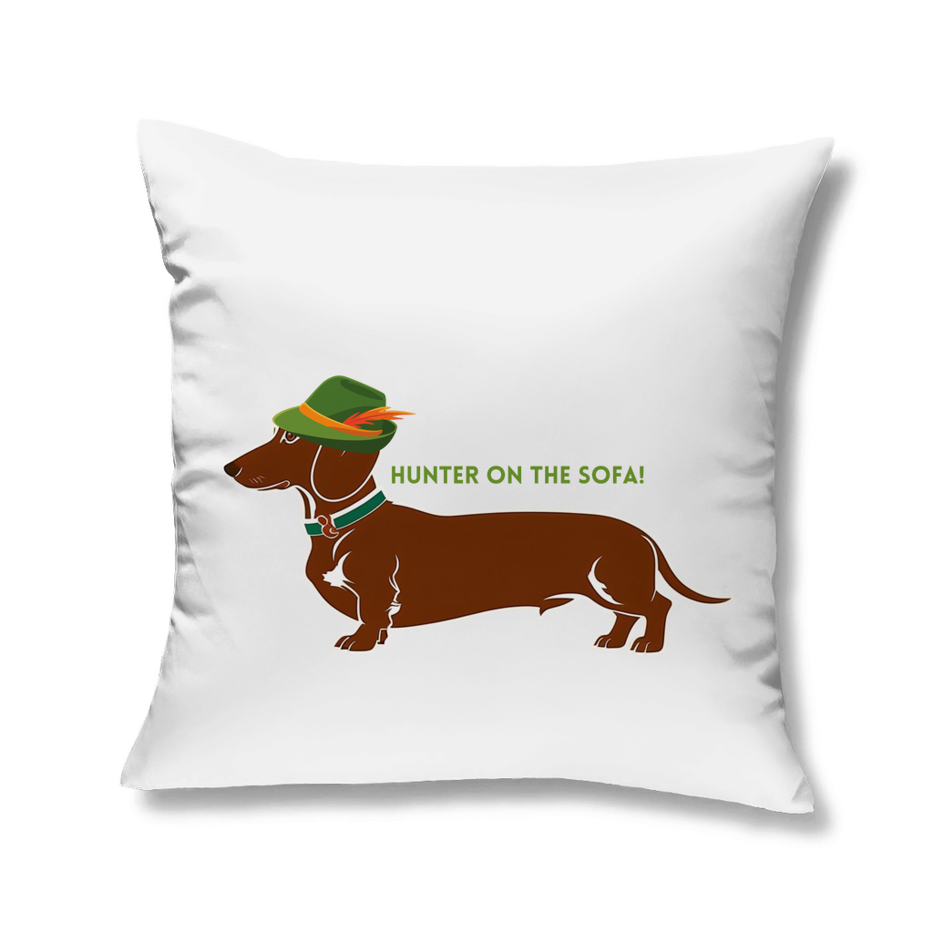 Deko Zierkissen mit Dackel Print Motiv und lustigem Statement "Hunter on the Sofa"