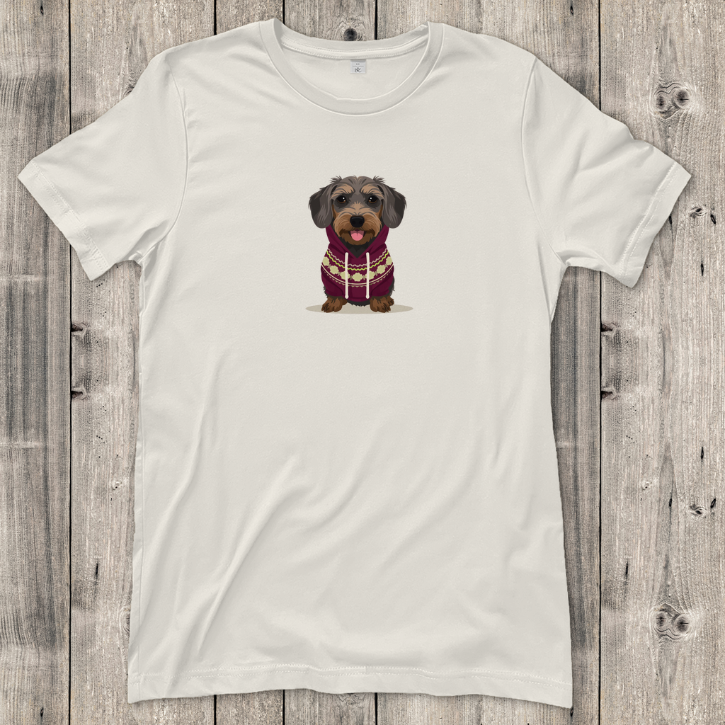 Damen T-Shirt mit Rauhaardackel als Fashion Ambassador im Norweger Pulli