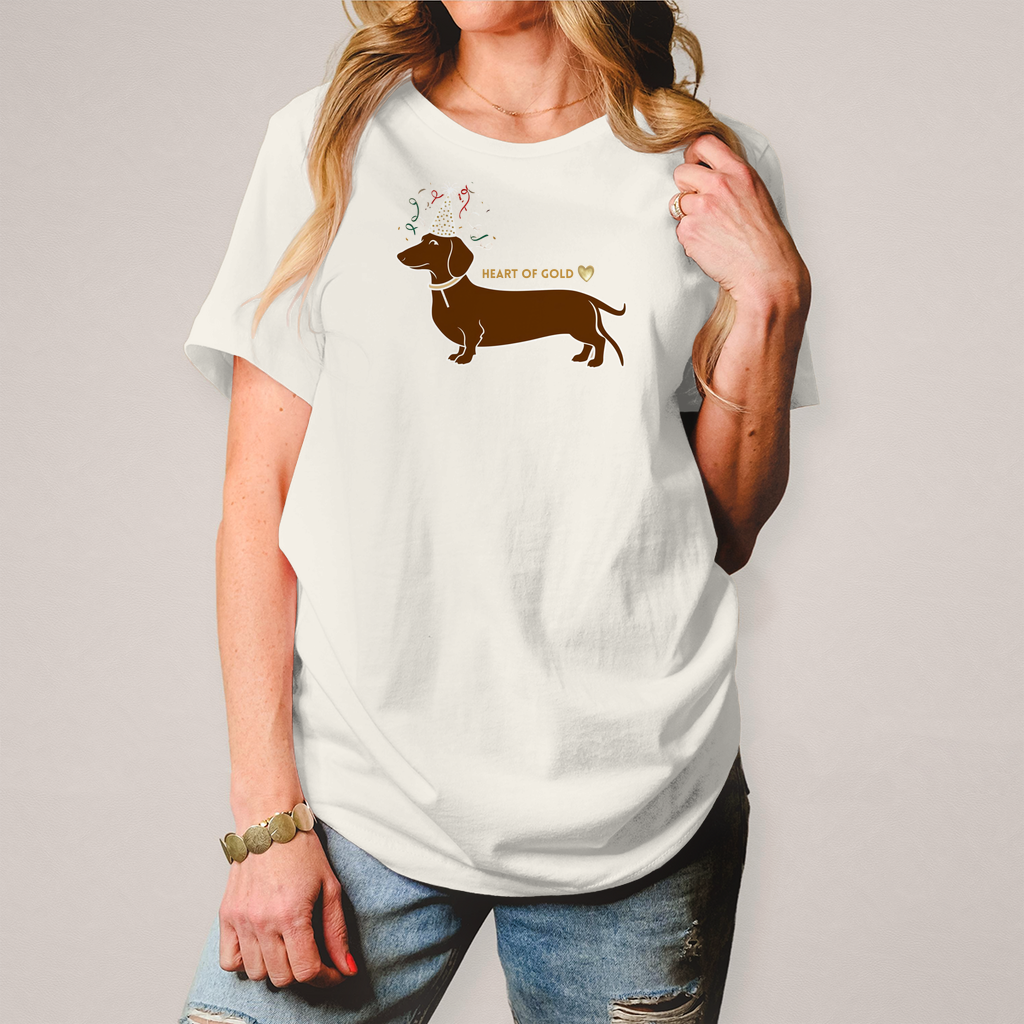 Damen T-Shirt mit Dackelprint ecru Vorderseite