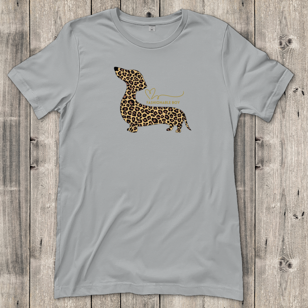 Graues Damen T-Shirt mit Dackel allover Leo Print auf der Vorderseite
