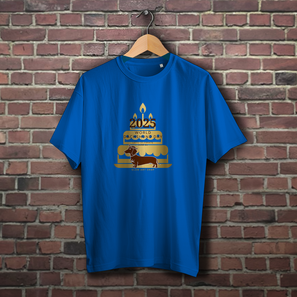 Gold Edition Dackel T-Shirt – World Dachshund Day 2025 | Brauner Dackel mit Geburtstagstorte