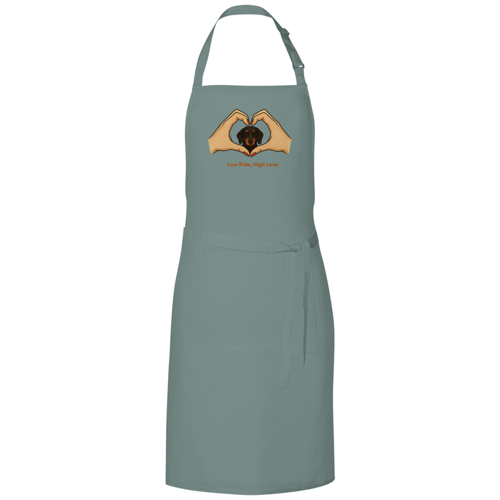 Kochschürze mit süßem Dackel Motiv und Zitat "Low Ride. High Love"