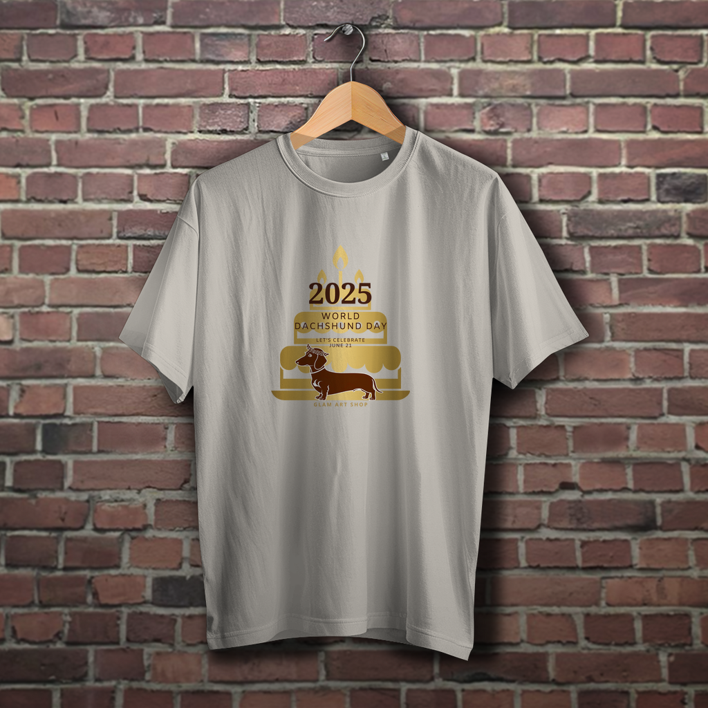 Gold Edition Dackel T-Shirt – World Dachshund Day 2025 | Brauner Dackel mit Geburtstagstorte