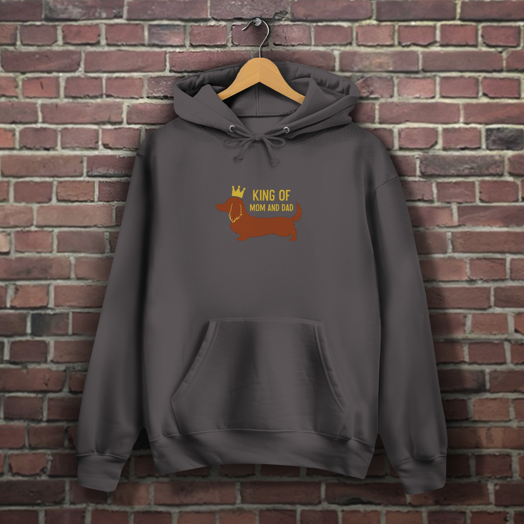Dackel Hoodie mit Longhair Dachshund und Zitat "King of Mom & Dad"