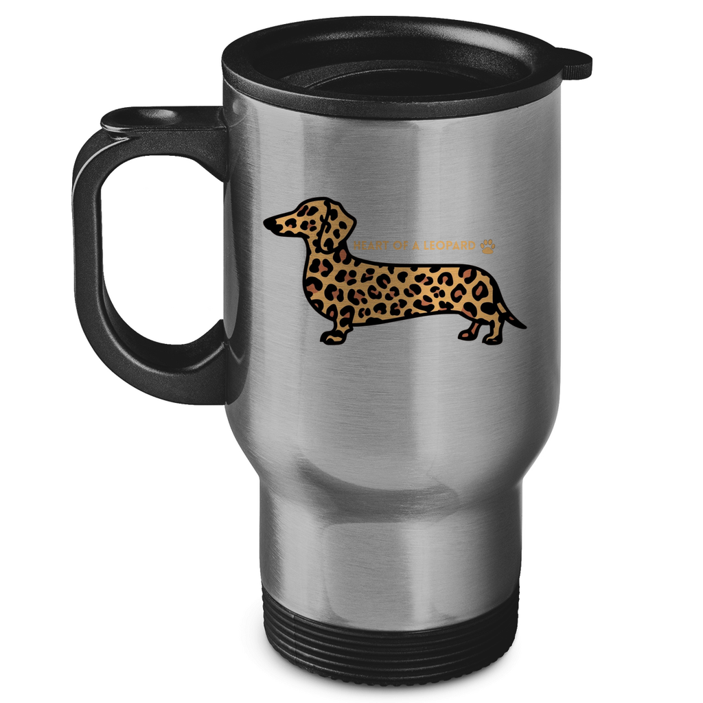 Edelstahl-Thermobecher mit Dackel Print und Zitat "Heart of a Leopard"