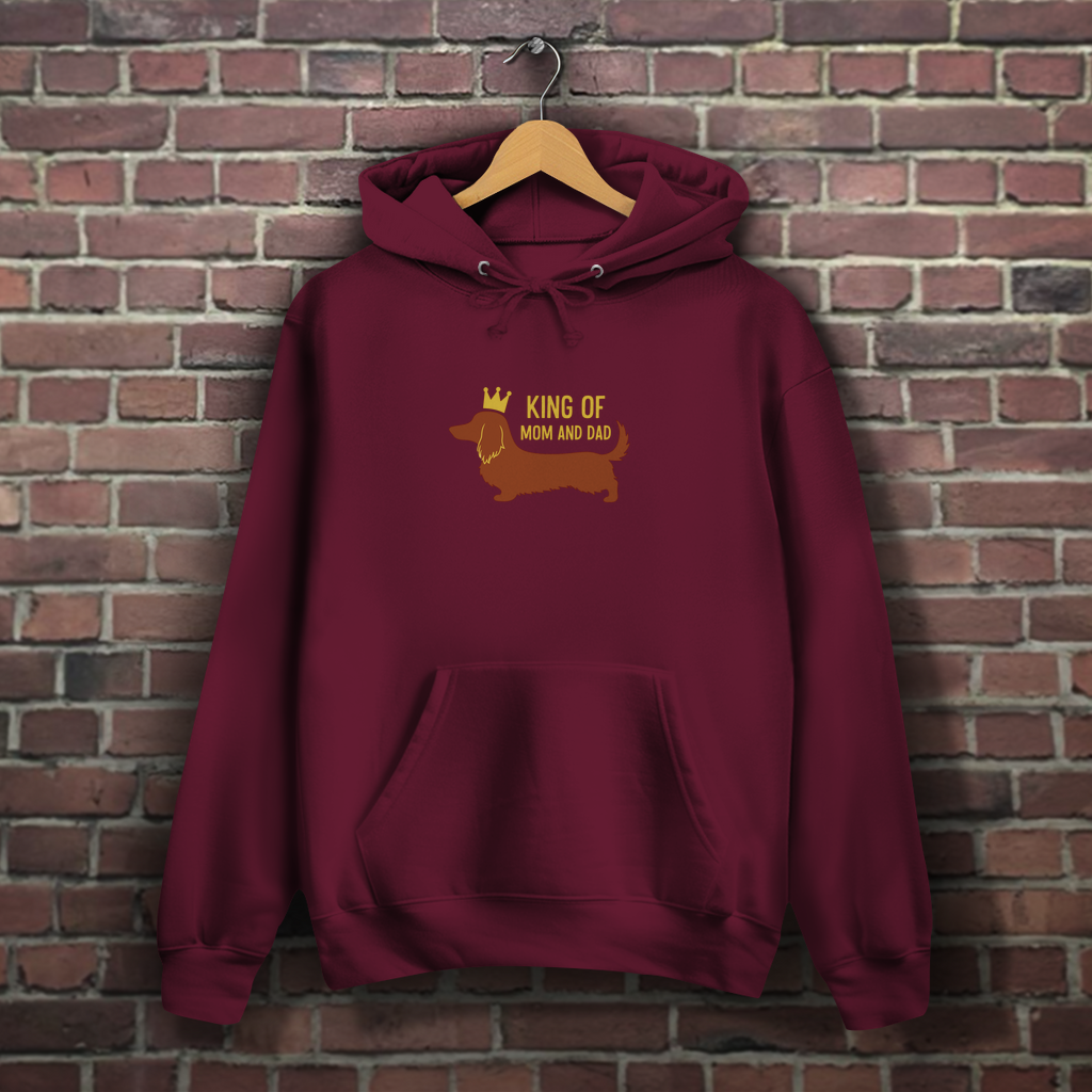 Dackel Hoodie mit Longhair Dachshund und Zitat "King of Mom & Dad"