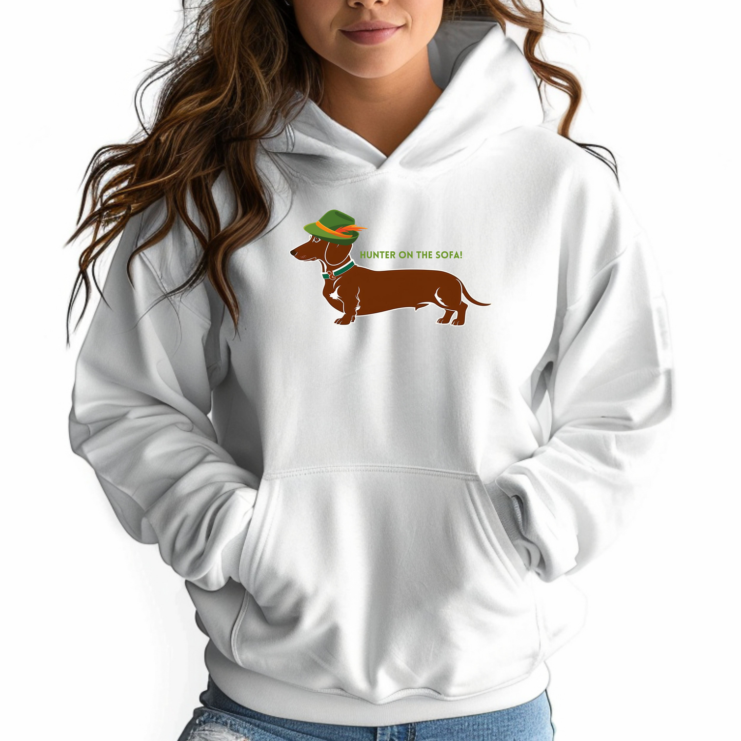 Damen Hoodie mit Dackel-Print in weiss