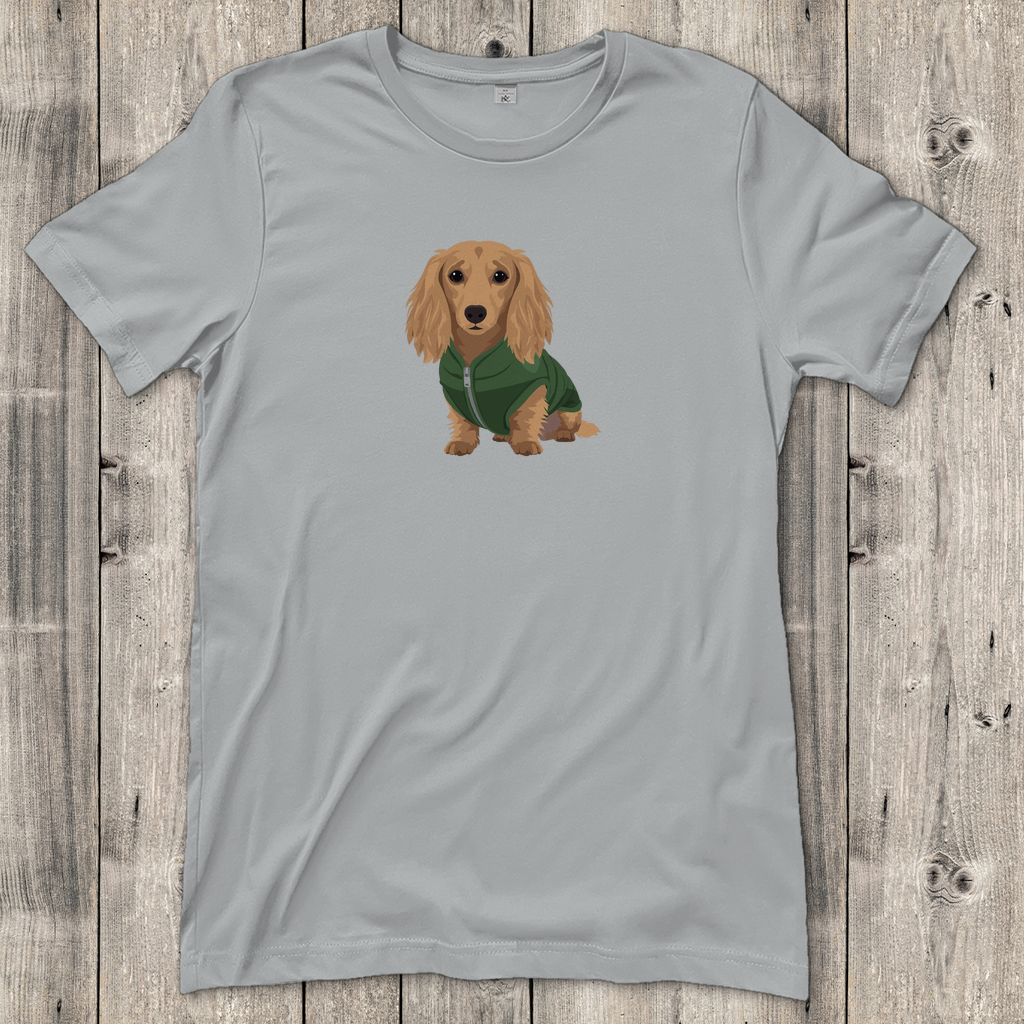 Dackel Fashion Ambassador T-Shirt mit Langhaar Dackel in Daunenweste