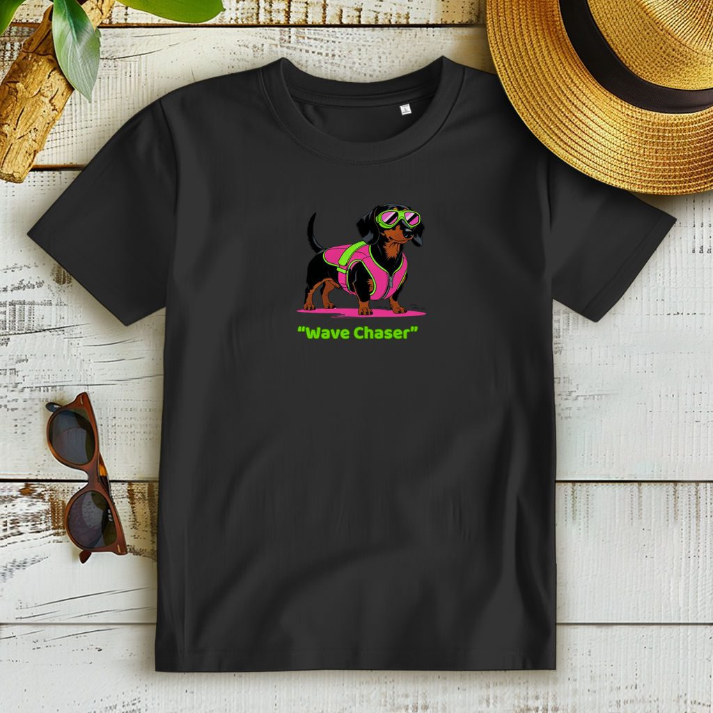 Damen Premium Dackel T-Shirt mit Hochsommer "Wave chaser" Print Motiv