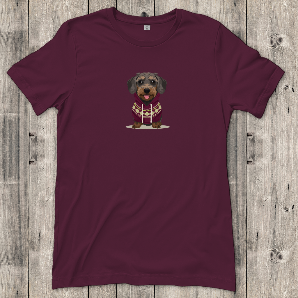 Damen T-Shirt mit Rauhaardackel als Fashion Ambassador im Norweger Pulli