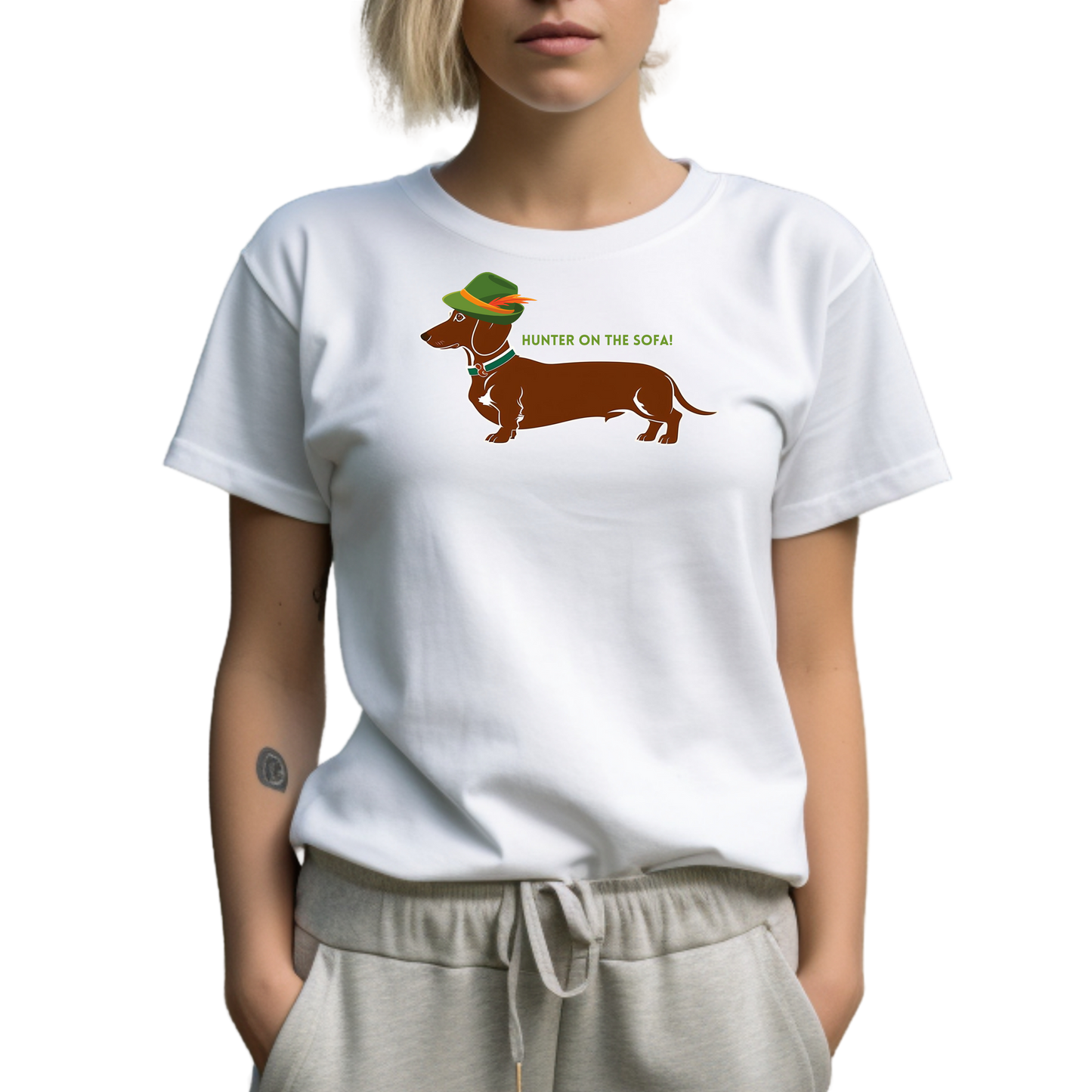 Damen Premium Bio T-Shirt mit Dackel Print weiss