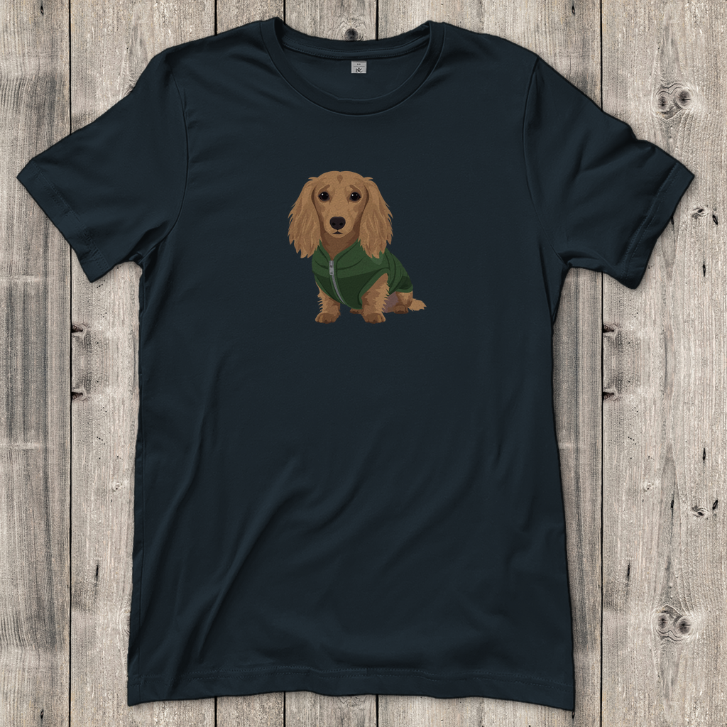 Dackel Fashion Ambassador T-Shirt mit Langhaar Dackel in Daunenweste