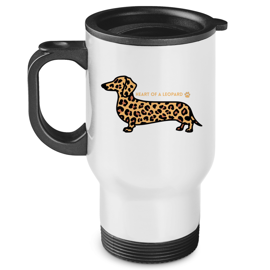 Edelstahl-Thermobecher mit Dackel Print und Zitat "Heart of a Leopard"