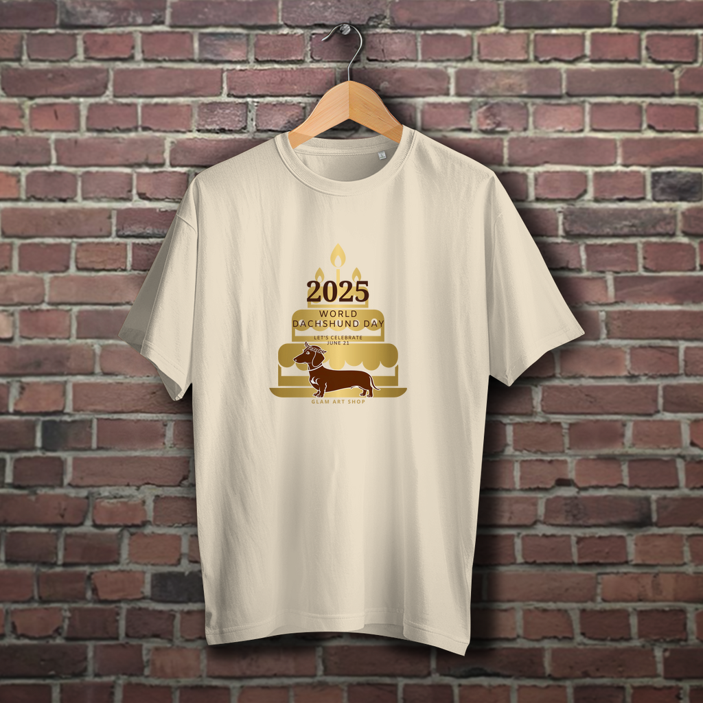 Gold Edition Dackel T-Shirt – World Dachshund Day 2025 | Brauner Dackel mit Geburtstagstorte