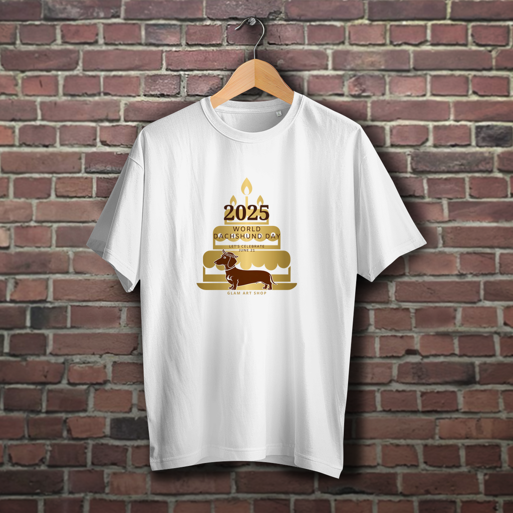 Gold Edition Dackel T-Shirt – World Dachshund Day 2025 | Brauner Dackel mit Geburtstagstorte