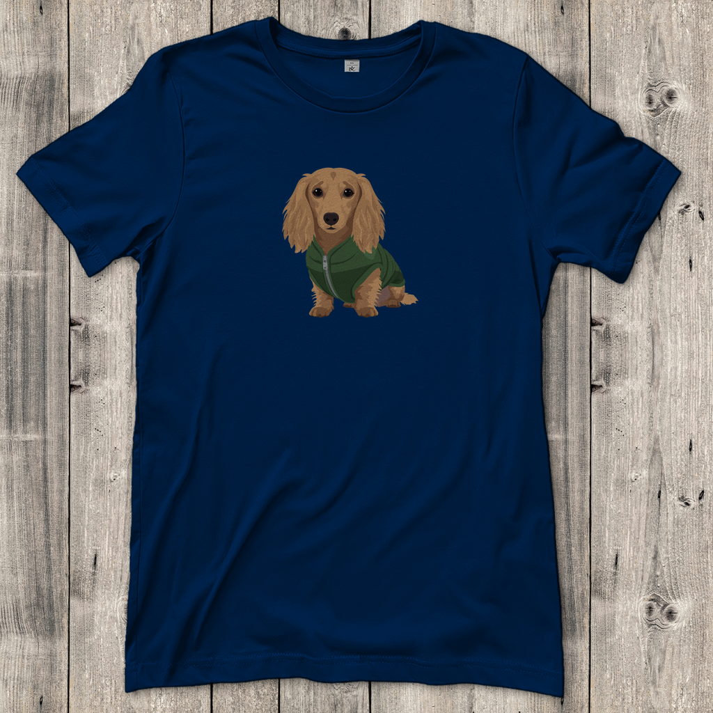 Dackel Fashion Ambassador T-Shirt mit Langhaar Dackel in Daunenweste