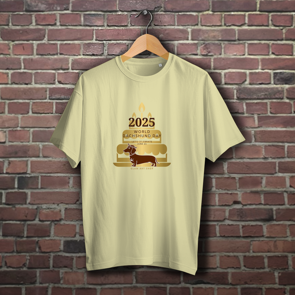 Gold Edition Dackel T-Shirt – World Dachshund Day 2025 | Brauner Dackel mit Geburtstagstorte