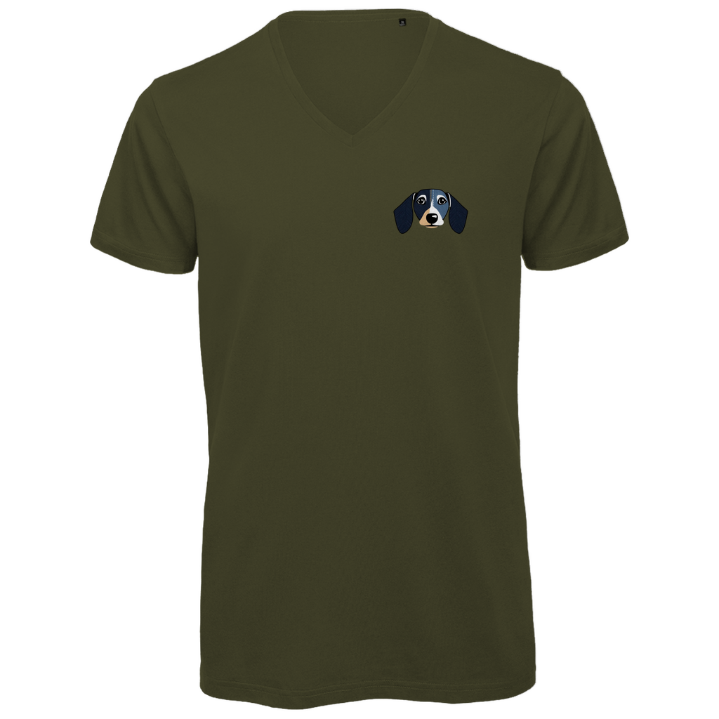 Männer Premium Bio V-Ausschnitt T-Shirt mit Denim Dackel Print