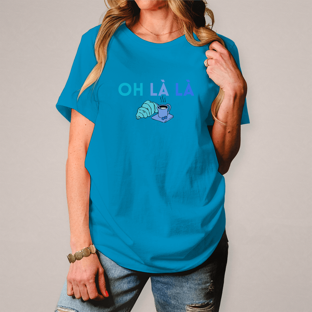 Damen T-Shirt in Türkis mit Rundhalsausschnitt und witzigem Zitat "Oh La La".