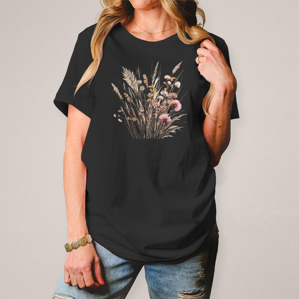 Damen T-Shirt mit Wild-Blumenwiese schwarz