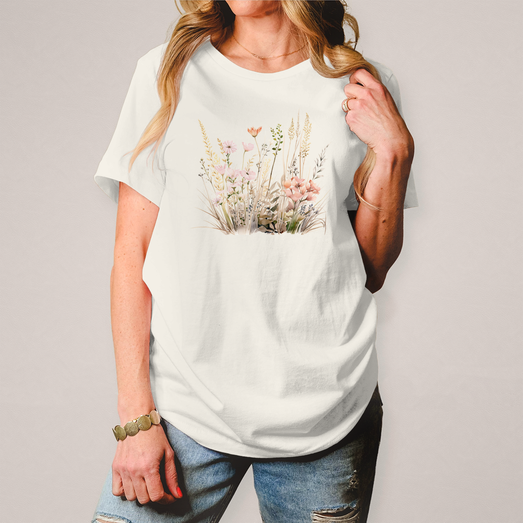 Maglietta da donna con stampa di fiori selvatici, unica e in sintonia con la natura.