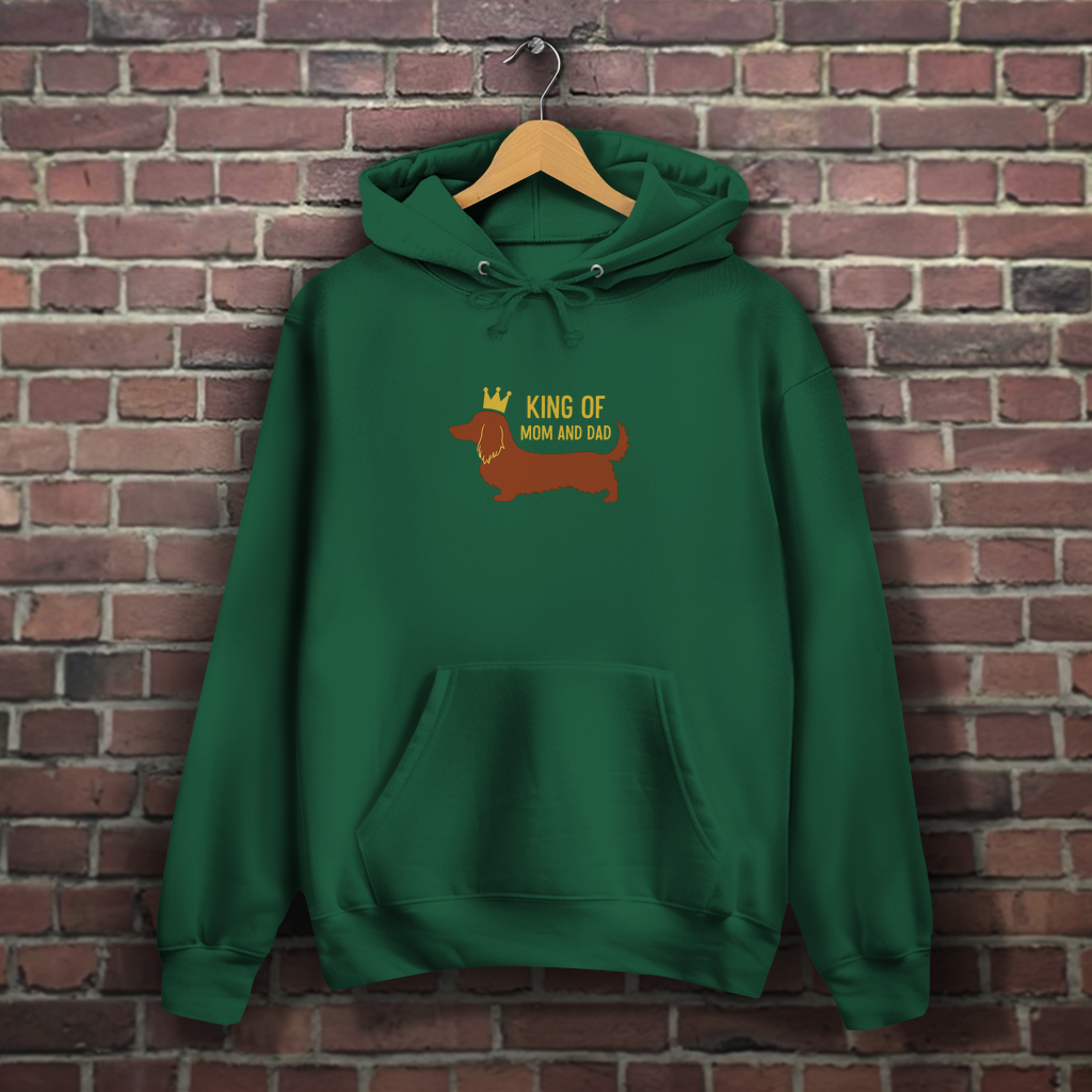 Dackel Hoodie mit Longhair Dachshund und Zitat "King of Mom & Dad"