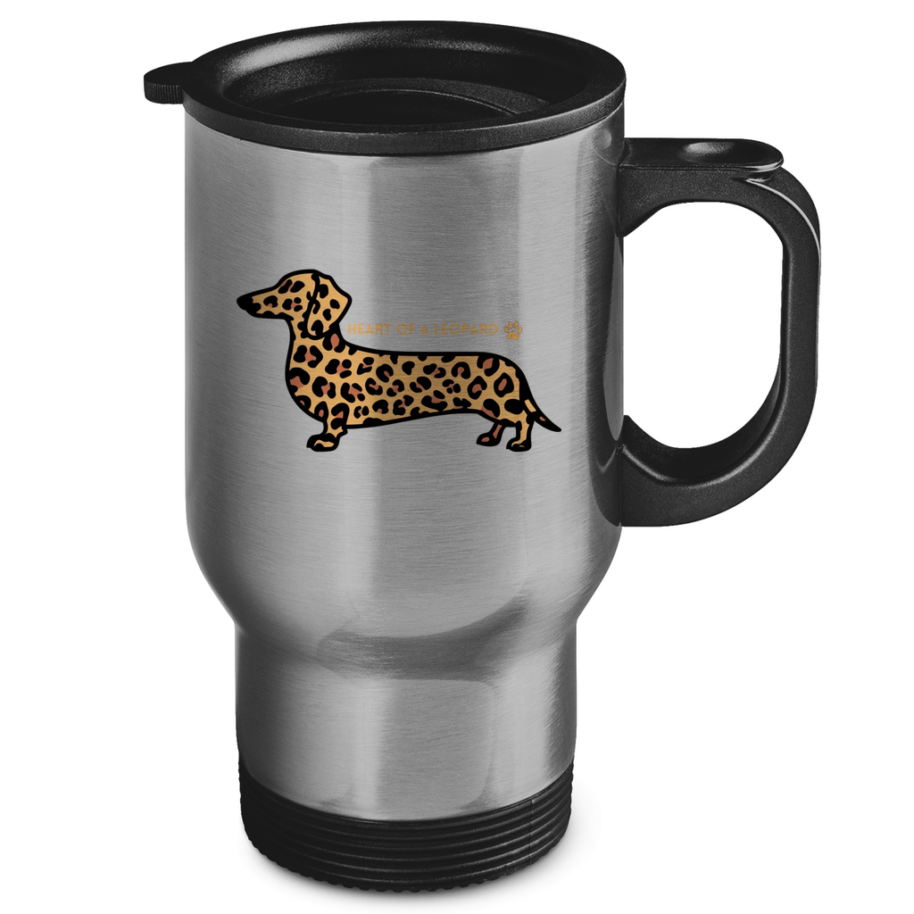 Edelstahl-Thermobecher mit Dackel Print und Zitat "Heart of a Leopard"