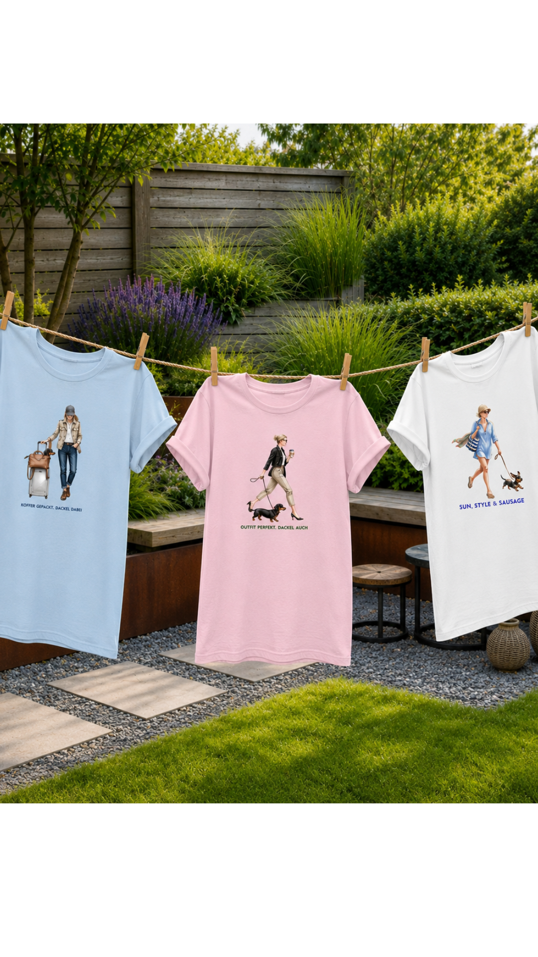 Ladies Heavy Cotton T-Shirt mit Dackel design- Koffer gepackt. Dackel dabei