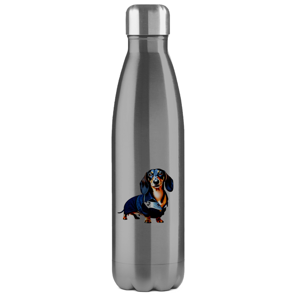 Edelstahl Trinkflasche Thermo mit Dackel Print auf der Vorderseite in grau