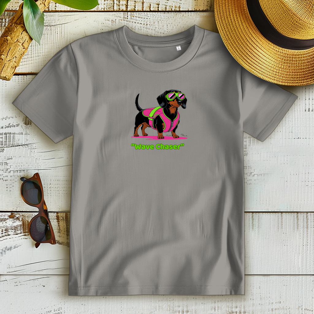 Damen Premium T-Shirt mit Urlaubsfeeling "Wave chaser" Dackel Print Motiv