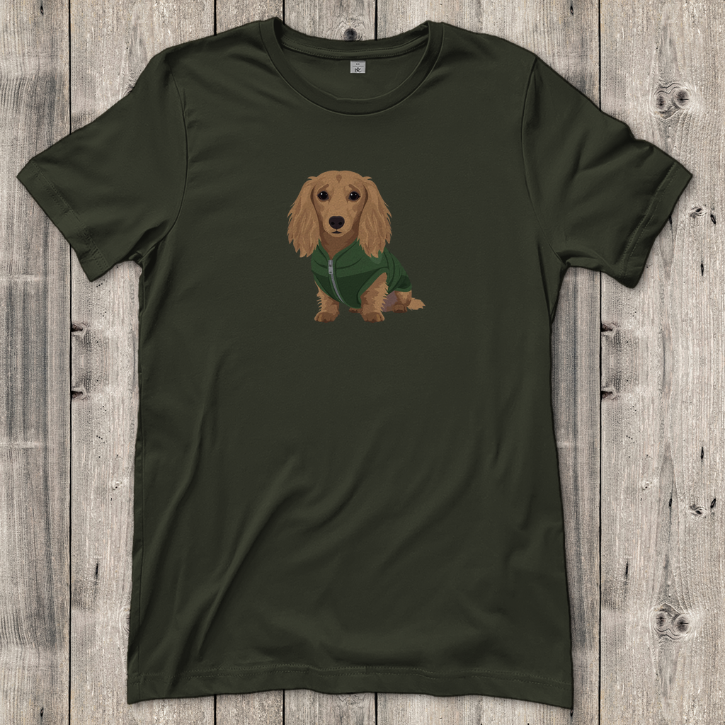 Dackel Fashion Ambassador T-Shirt mit Langhaar Dackel in Daunenweste