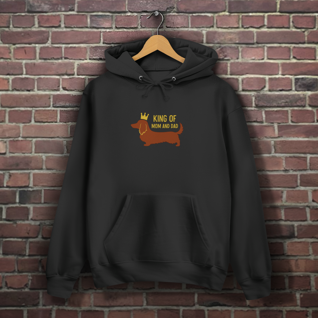 Dackel Hoodie mit Longhair Dachshund und Zitat "King of Mom & Dad"