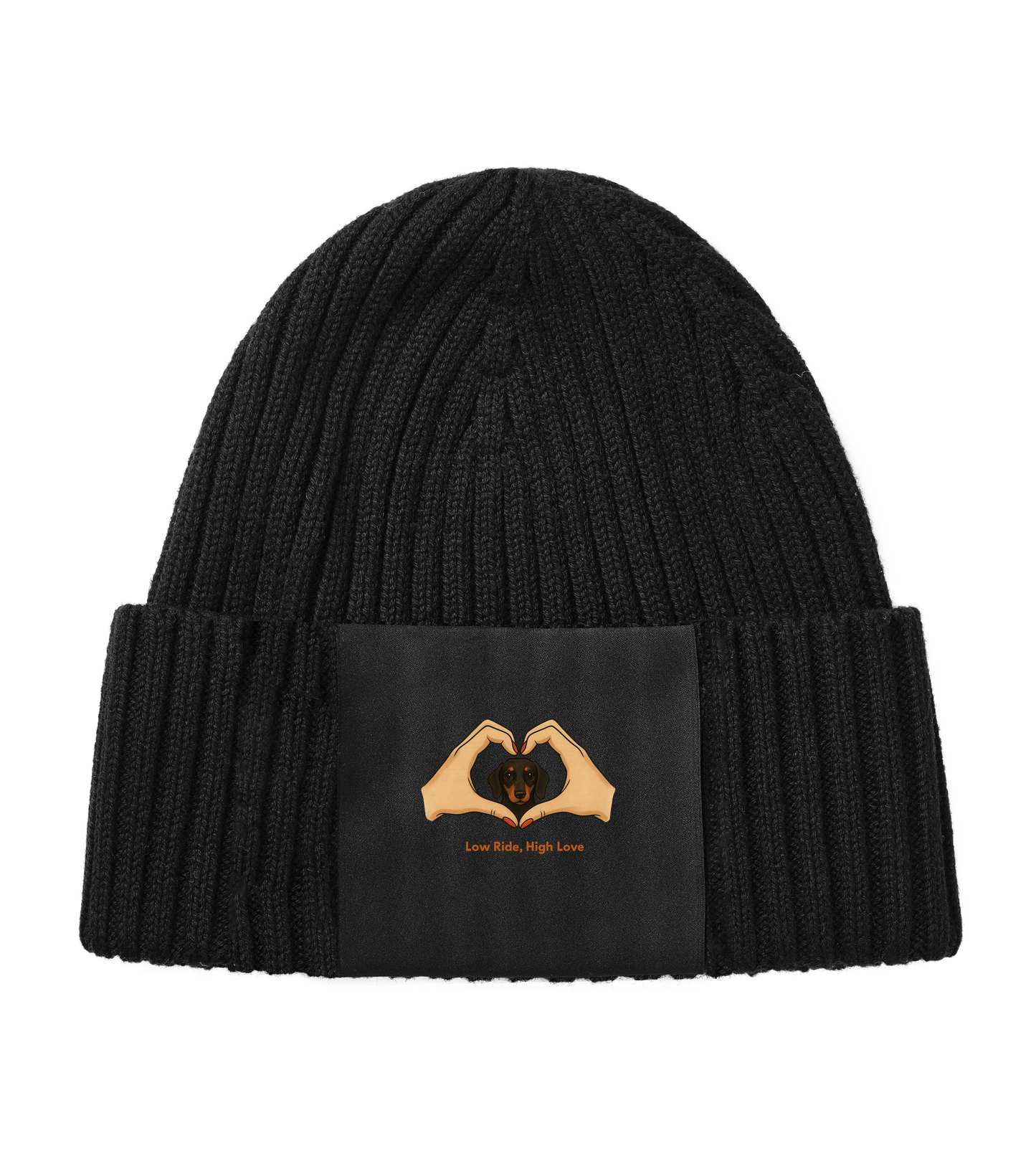 Beanie mit kunstvollem Dackel Print und Zitat "Low ride high love"