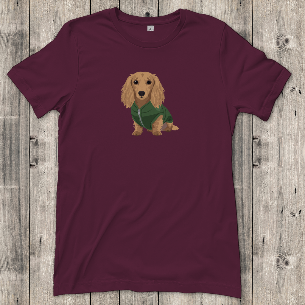 Dackel Fashion Ambassador T-Shirt mit Langhaar Dackel in Daunenweste