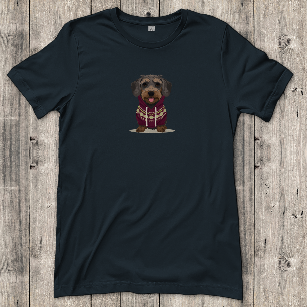 Damen T-Shirt mit Rauhaardackel als Fashion Ambassador im Norweger Pulli
