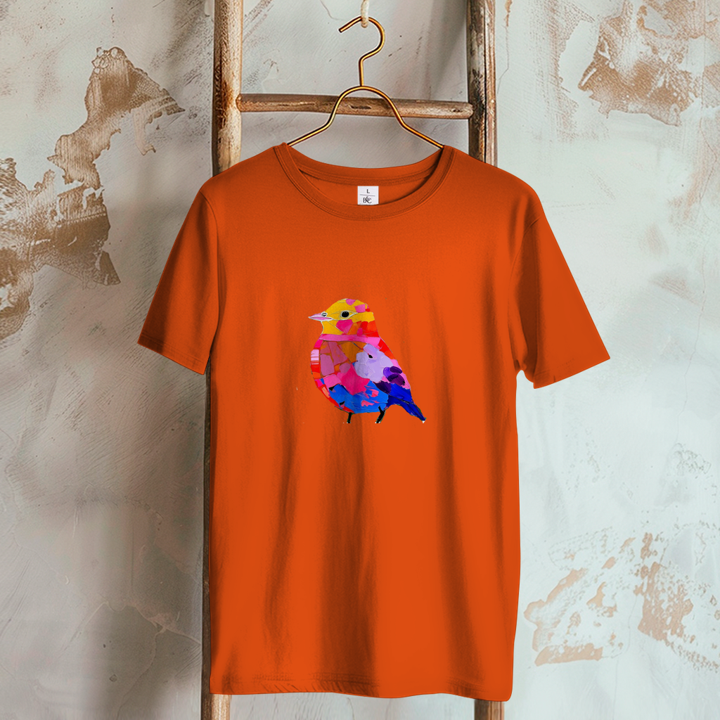 Camiseta de mujer con motivo de pájaros coloridos, moderna y artística.
