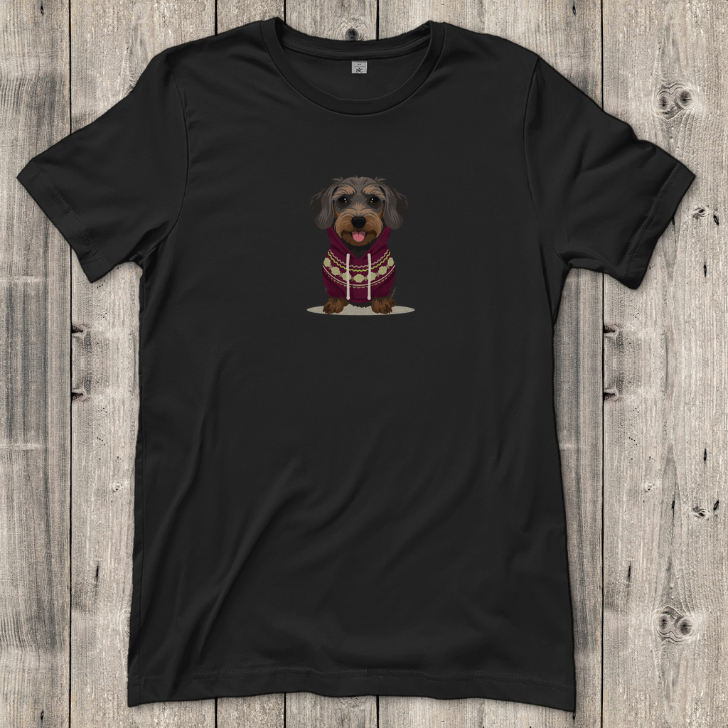 Damen T-Shirt mit Rauhaardackel als Fashion Ambassador im Norweger Pulli