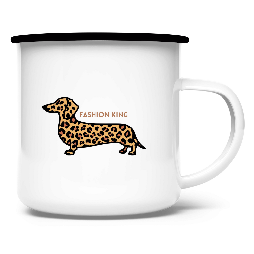 Emaille Tasse weiss mit Dackel Leo Pitn 8 oz.