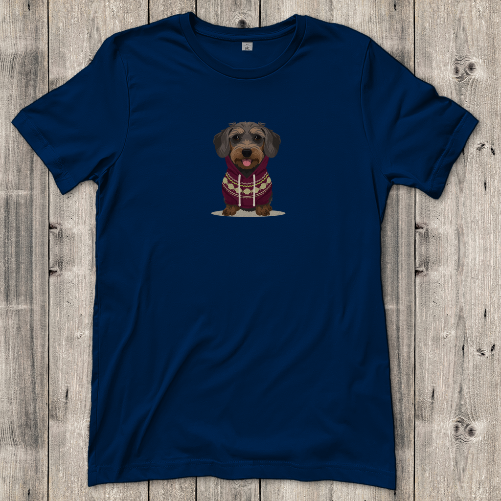 Damen T-Shirt mit Rauhaardackel als Fashion Ambassador im Norweger Pulli