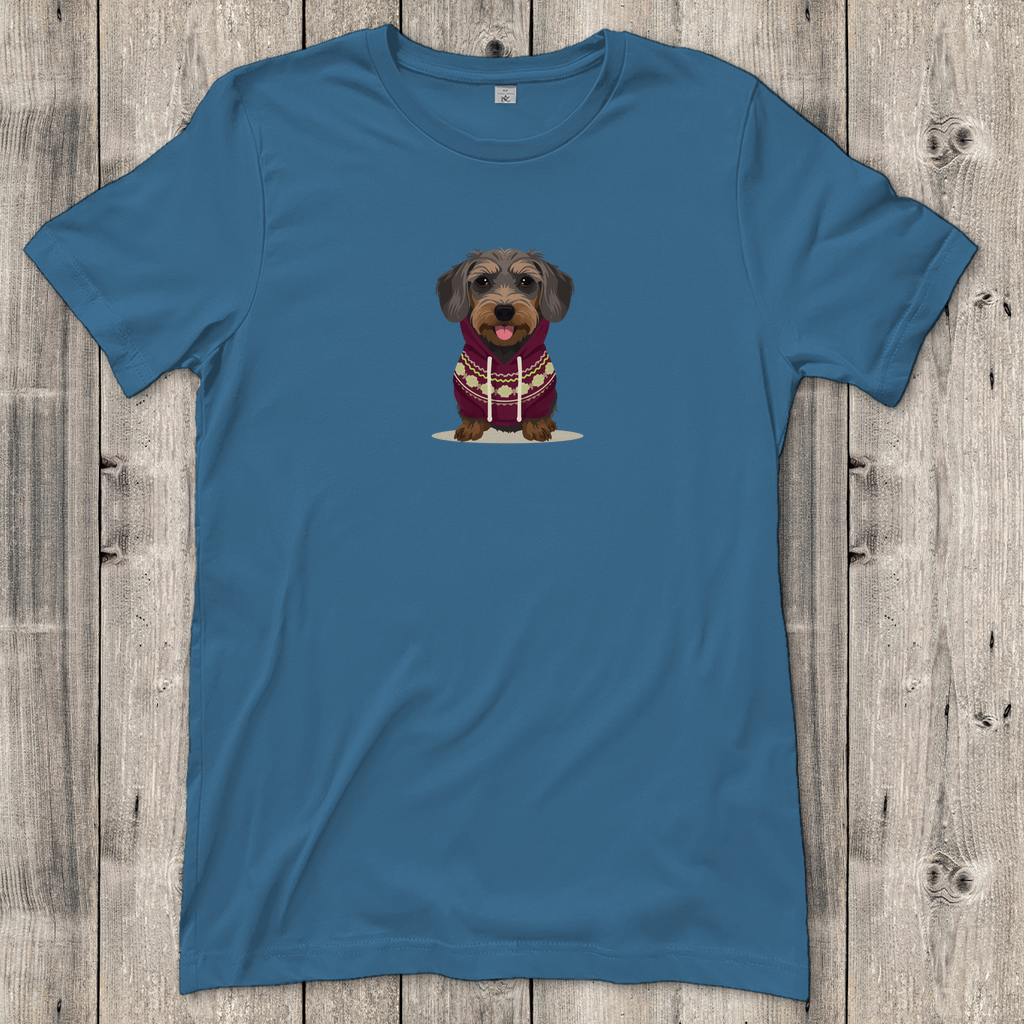 Damen T-Shirt mit Rauhaardackel als Fashion Ambassador im Norweger Pulli