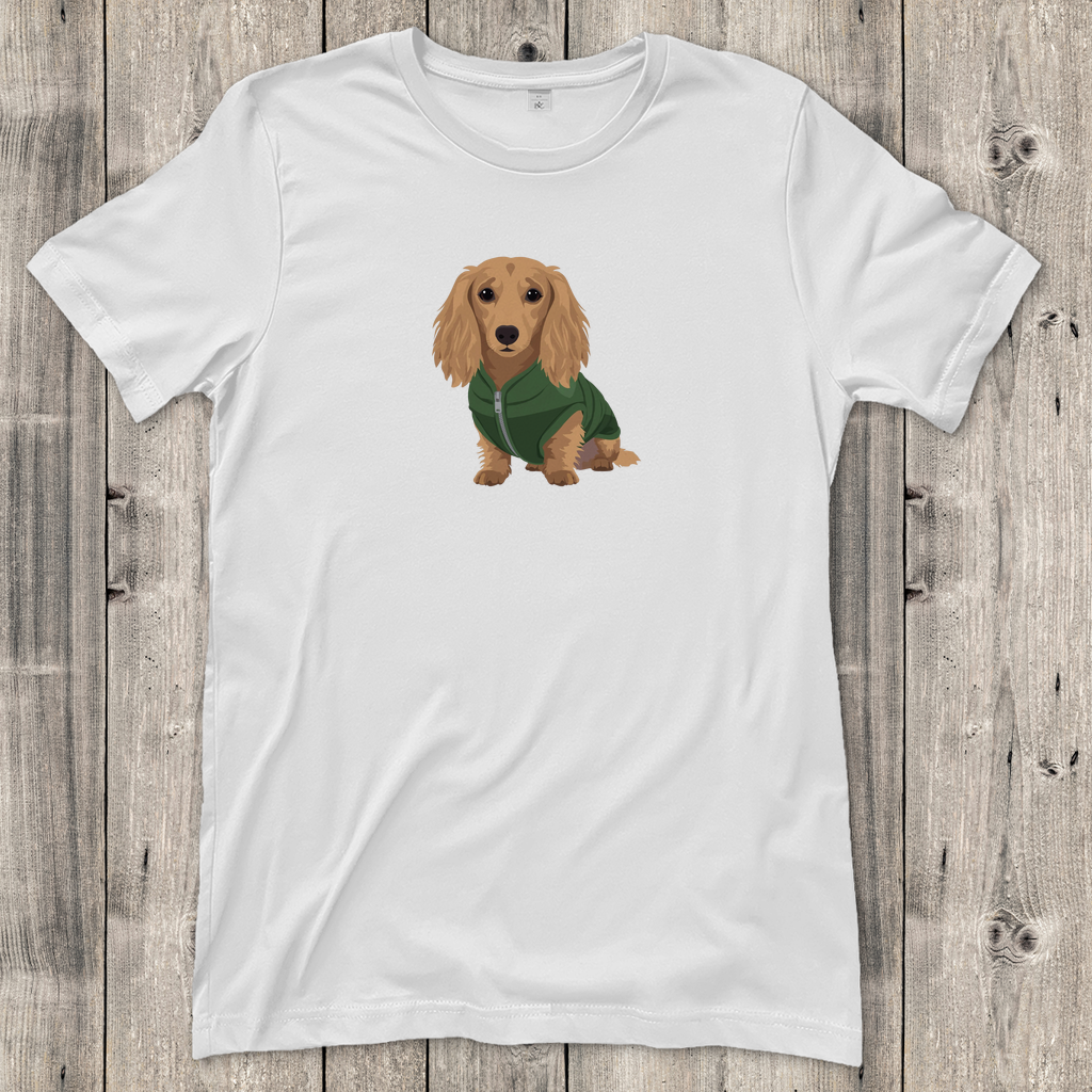 Dackel Fashion Ambassador T-Shirt mit Langhaar Dackel in Daunenweste