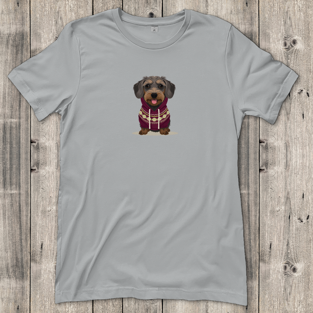 Damen T-Shirt mit Rauhaardackel als Fashion Ambassador im Norweger Pulli
