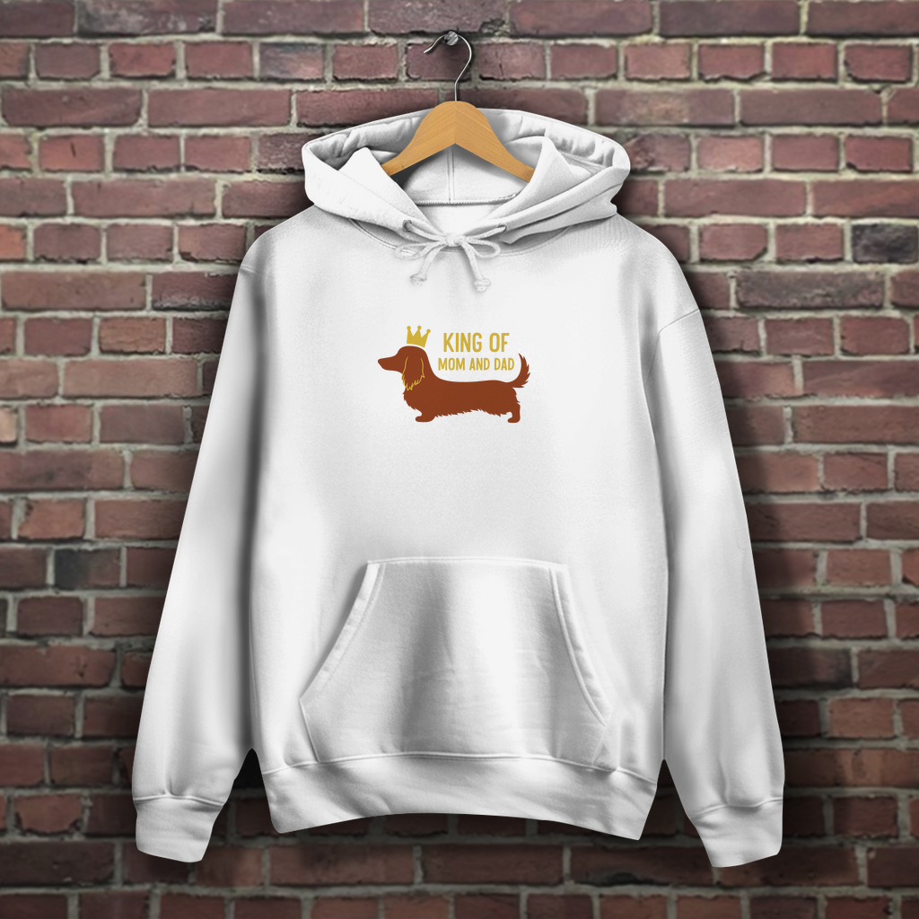 Dackel Hoodie mit Longhair Dachshund und Zitat "King of Mom & Dad"