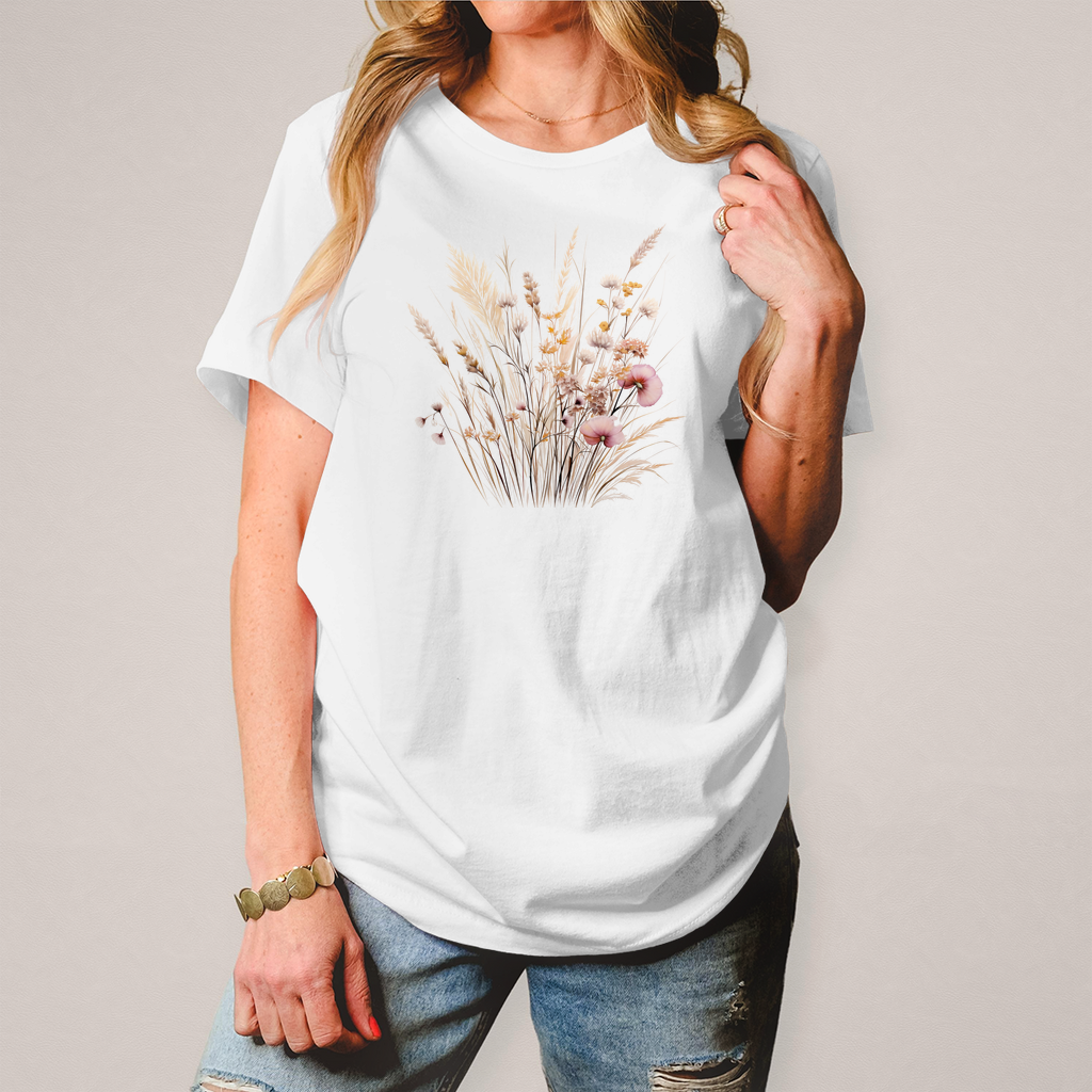 Damen T-Shirt mit Wild-Blumenwiese weiss