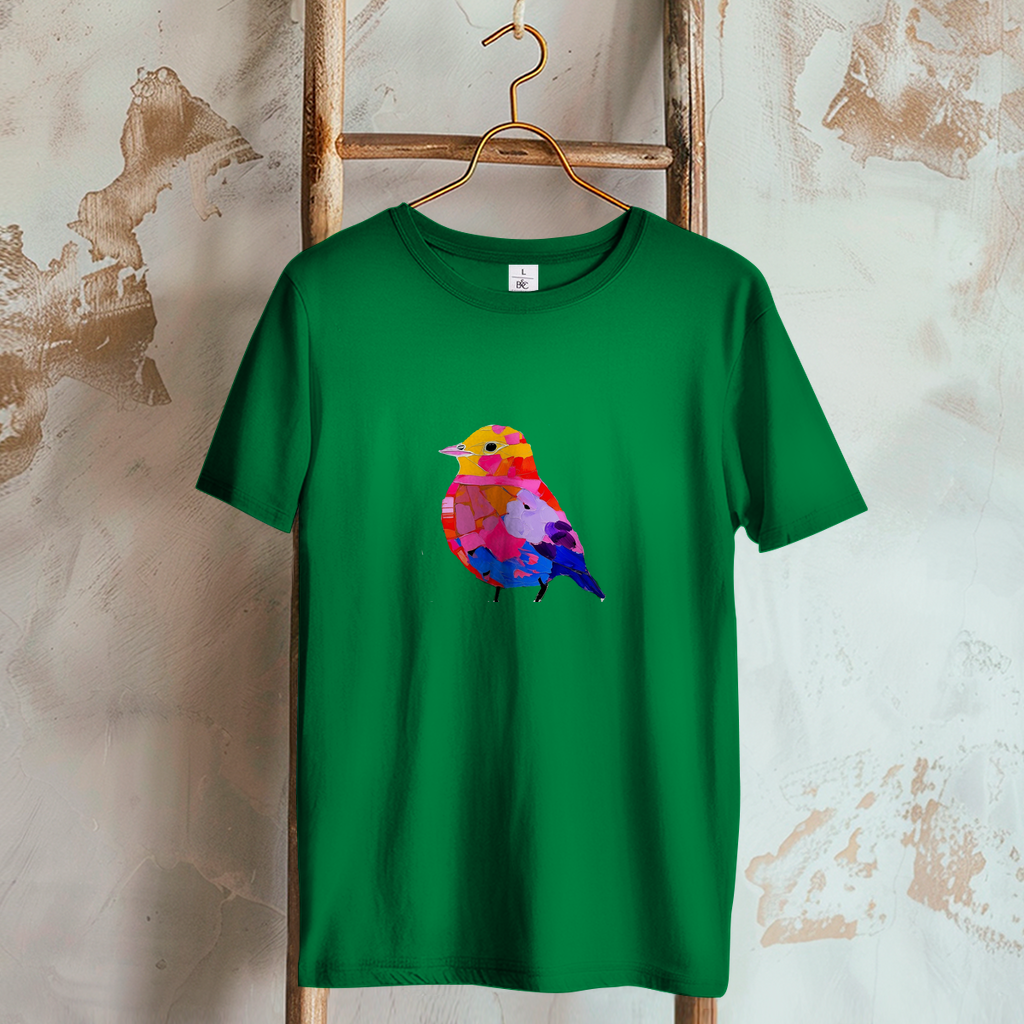 Camiseta de mujer con motivo de pájaros coloridos, moderna y artística.