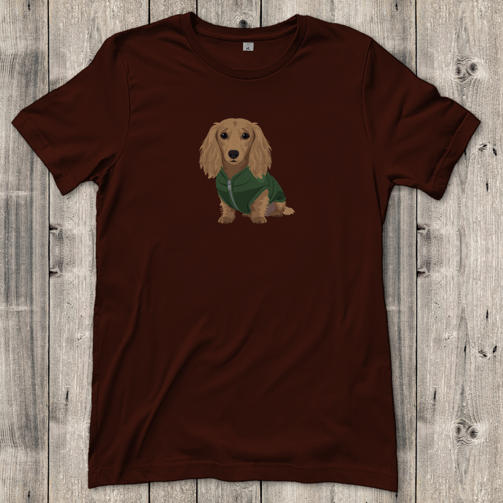 Dackel Fashion Ambassador T-Shirt mit Langhaar Dackel in Daunenweste