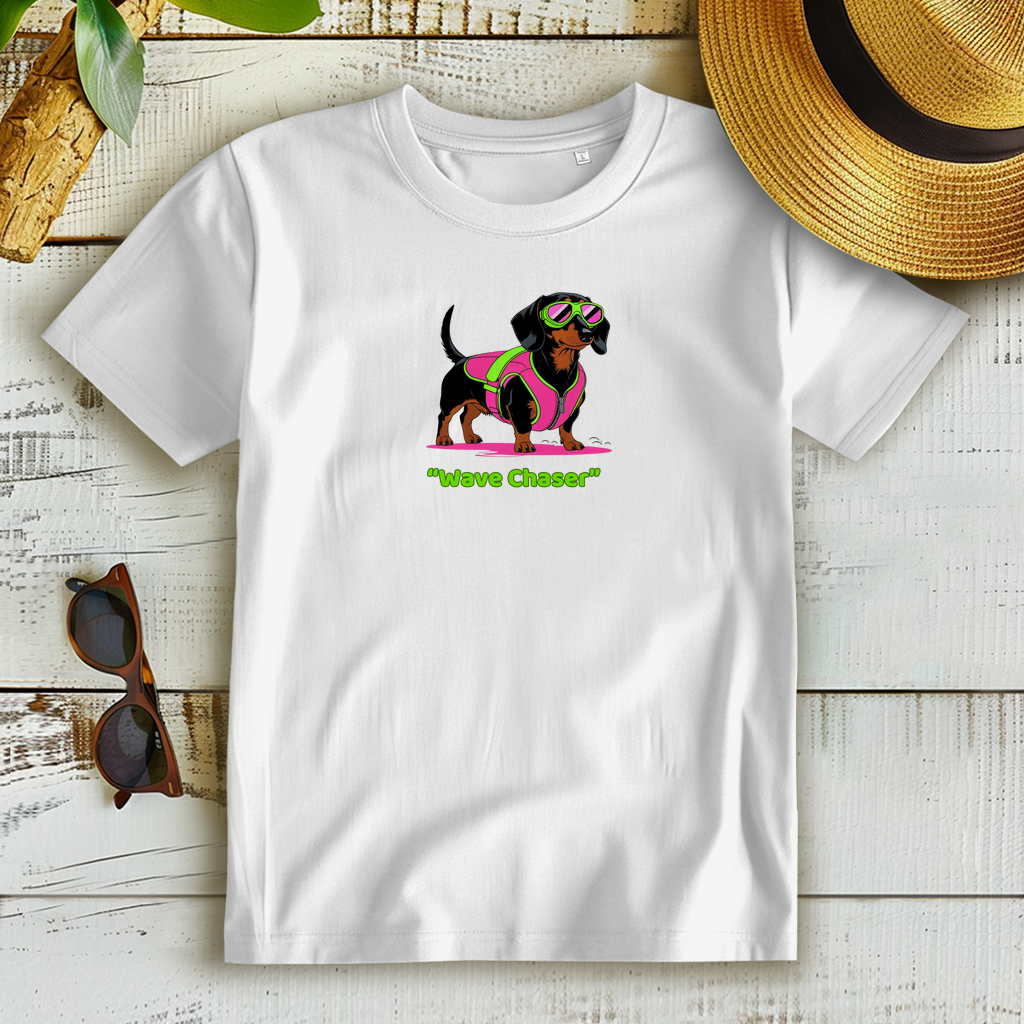 Damen Premium Dackel T-Shirt mit Hochsommer "Wave chaser" Print Motiv