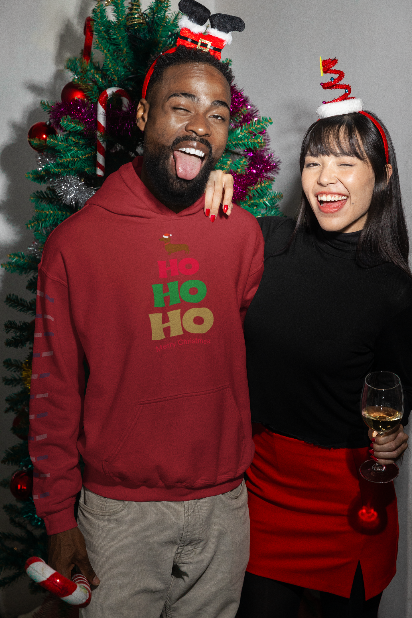 Unisex Weihnachts Hoodie mit HO HO HO Dackel Print als Geschenkidee