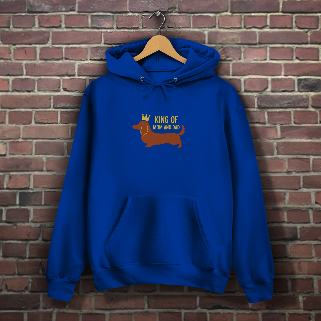 Dackel Hoodie mit Longhair Dachshund und Zitat "King of Mom & Dad"
